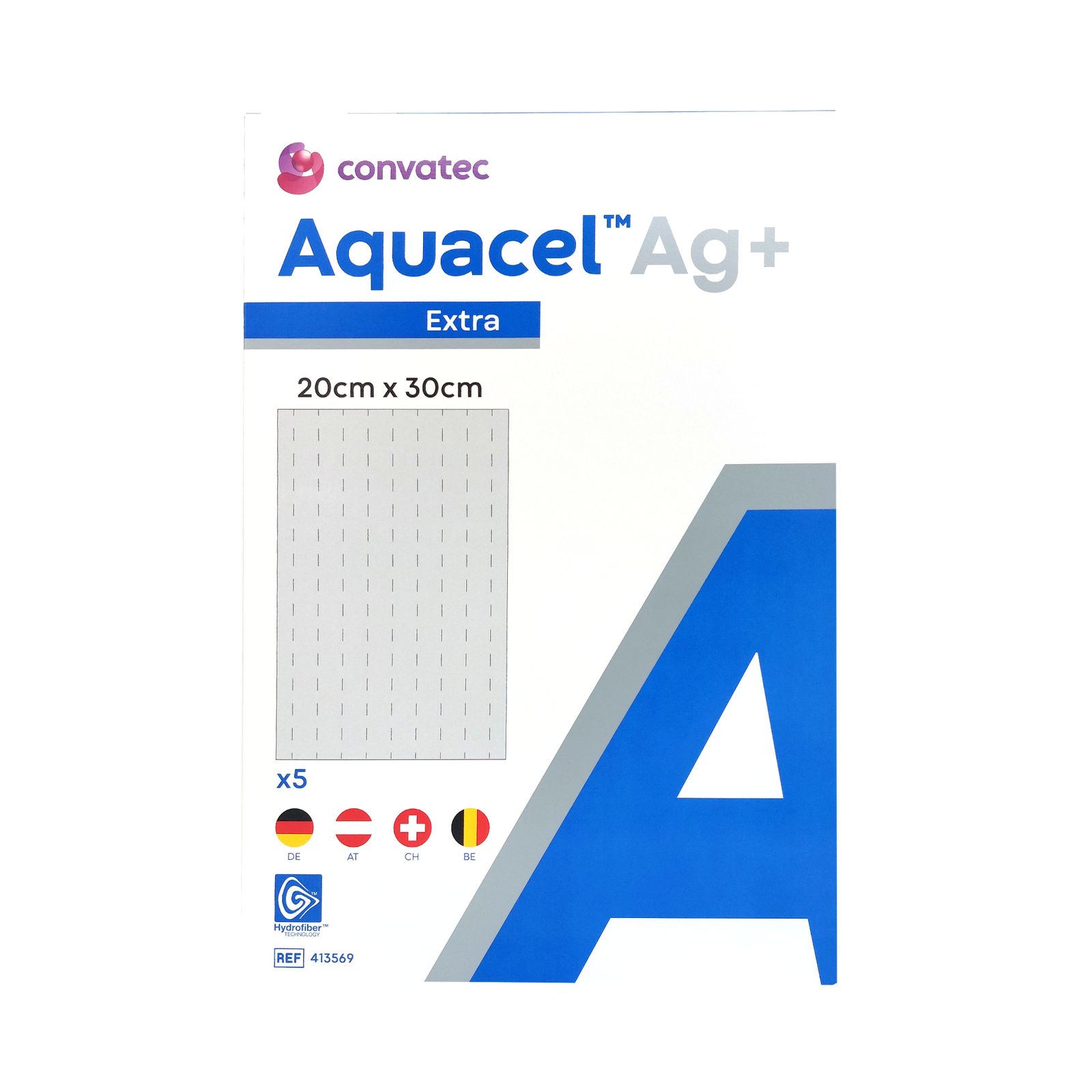 Verpackung mit AQUACEL Ag+ Extra Kompressen. Größe 20x30 cm. Convatec Logo und Produktbezeichnung. Enthält 5 Kompressen. Mit Zertifizierungen.