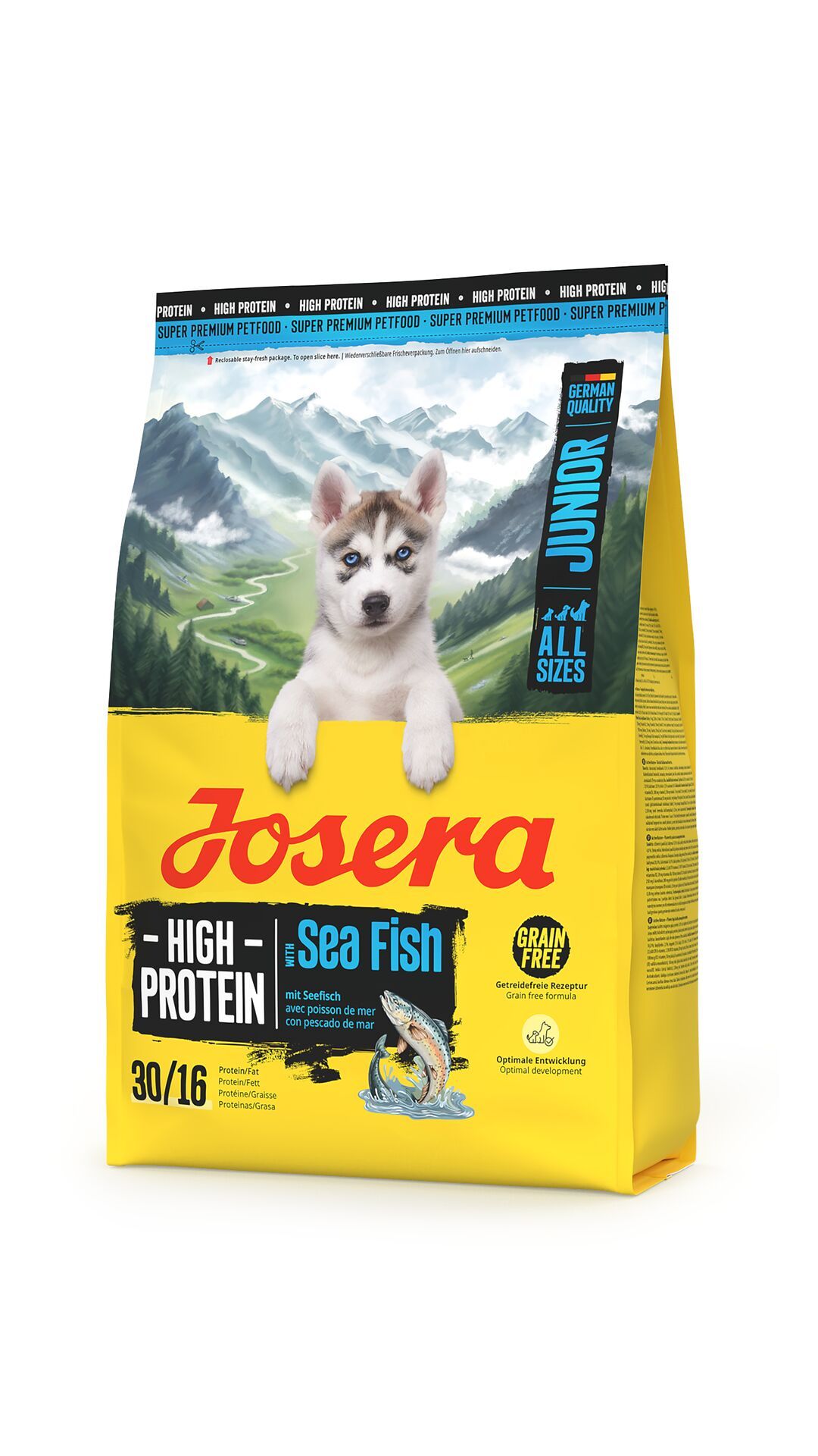 Gelber Beutel mit "JOSERA High Protein Sea Fish" und Welpen-Abbildung. "Junior" und "German Quality" aufgedruckt.
