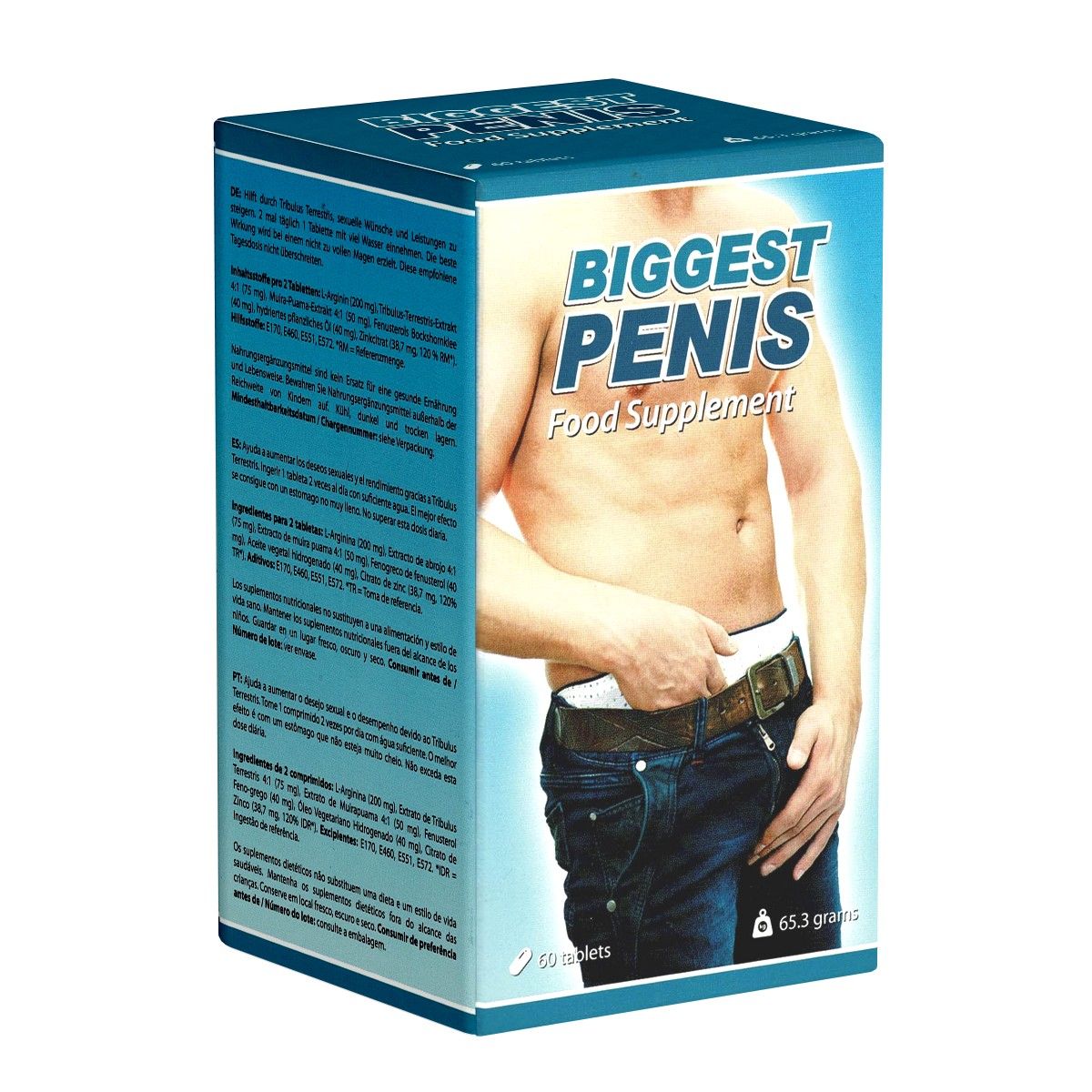 Karton mit "BIGGEST PENIS Food Supplement". Abgebildet ist ein Mann in Jeans. Aufschrift: 60 Tabletten, 65,3 Gramm.