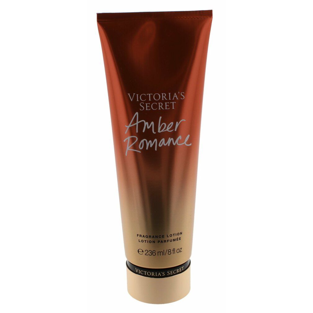Körperlotion Victoria's Secret Amber Romance. Braune Tube mit Produktnamen und Markennamen. Schwarzer Verschluss.