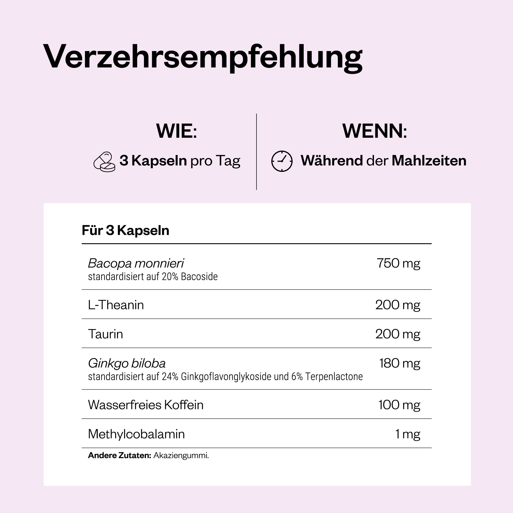 Verzehrempfehlung: 3 Kapseln pro Tag während der Mahlzeiten. Inhaltsstoffe und Dosierung auf weißem Hintergrund.