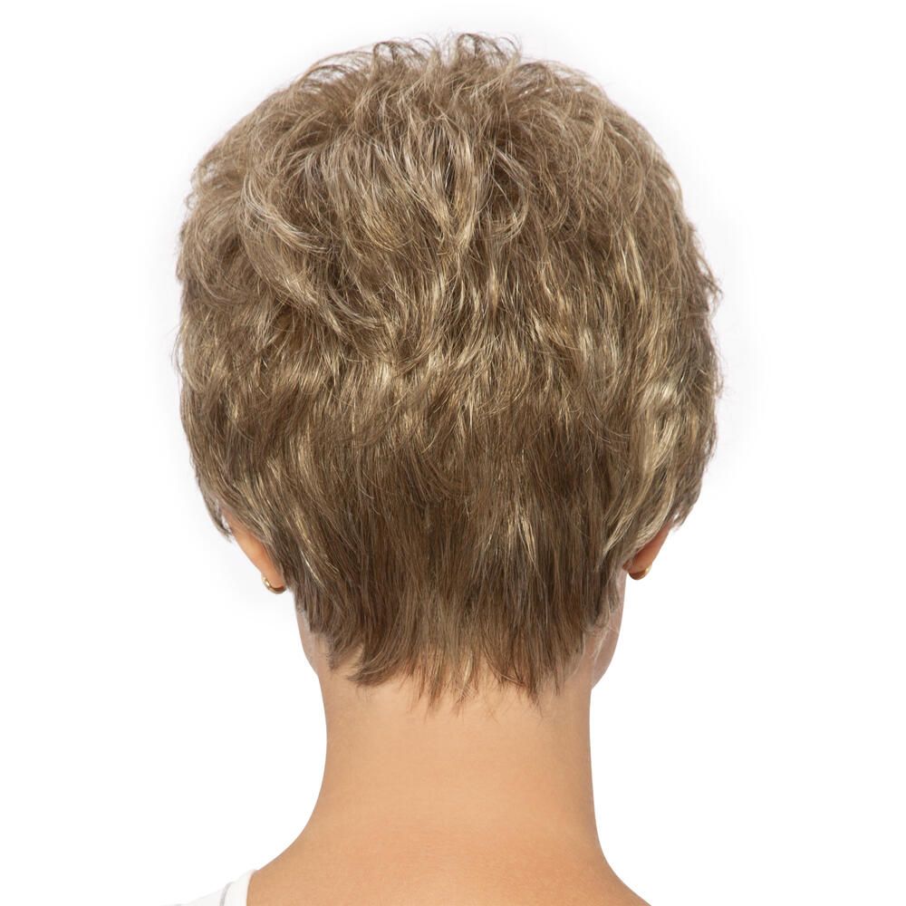 Kurzhaarperücke in Blondtönen. Rückansicht der Perücke. Die Perücke hat eine kurze Länge.