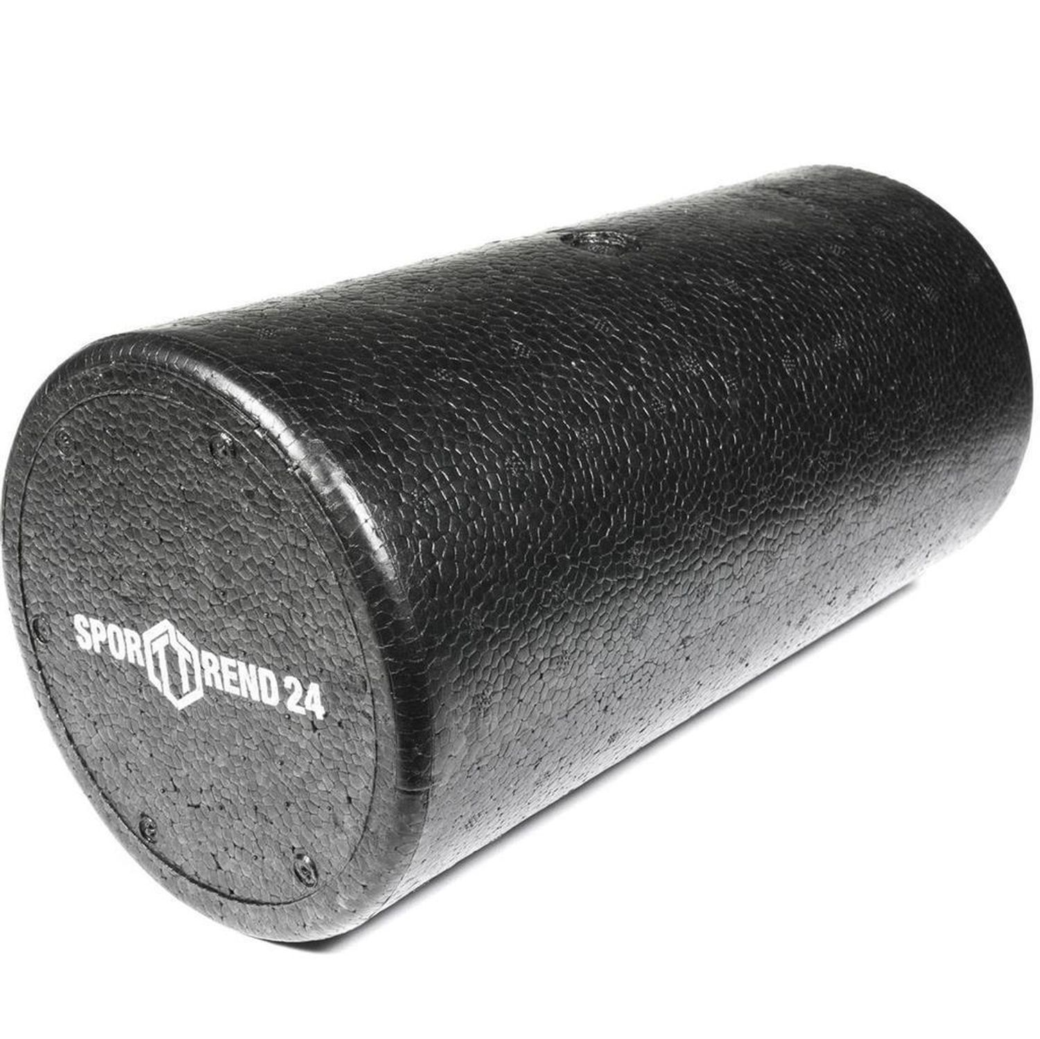 Schwarze Faszienrolle. Zylindrisch, strukturiert. Logo "SPORTTREND 24" auf einer Seite.
