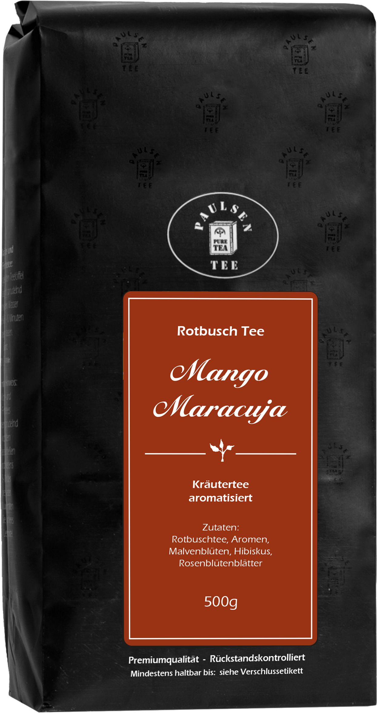 Schwarze Verpackung mit weißem Logo und rotem Etikett. Aufschrift: Mango Maracuja Rotbuschtee. Zutatenliste und 500g.