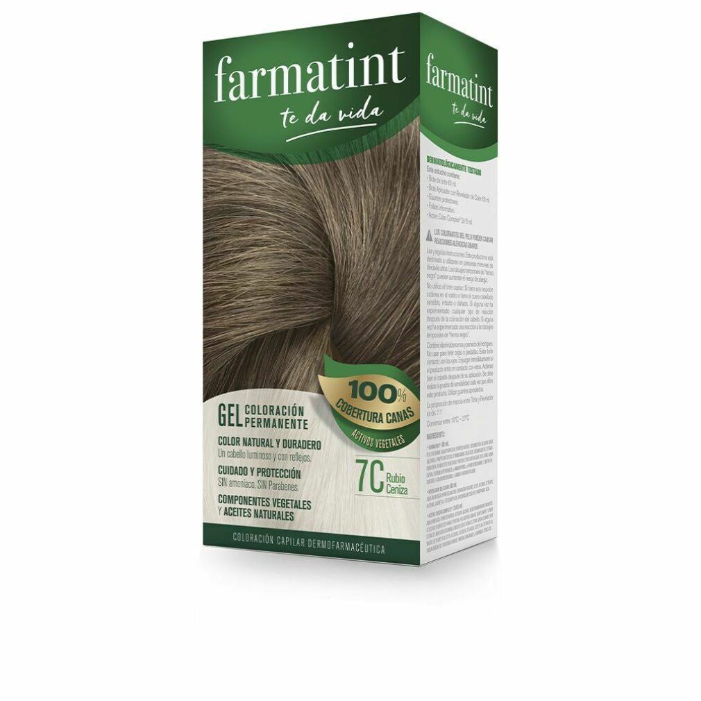 Produktverpackung von Farmatint. Die Schachtel zeigt eine Haarfarbe und Produktinformationen. "Farmatint" und "7C Aschblond" sind sichtbar.