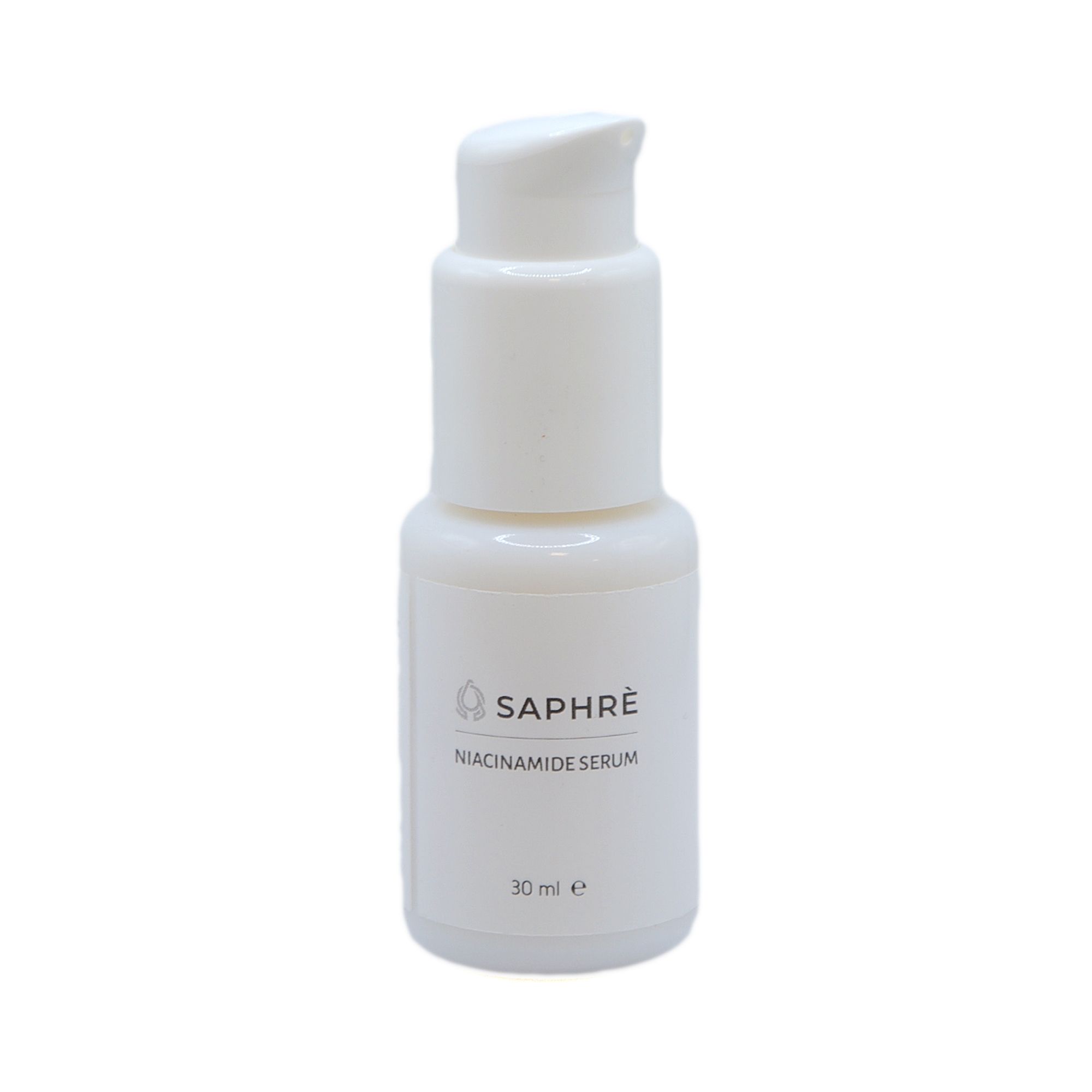 Weißes Serumfläschchen mit Pumpkopf. Aufschrift: Saphre Niacinamide Serum. Volumen: 30 ml.
