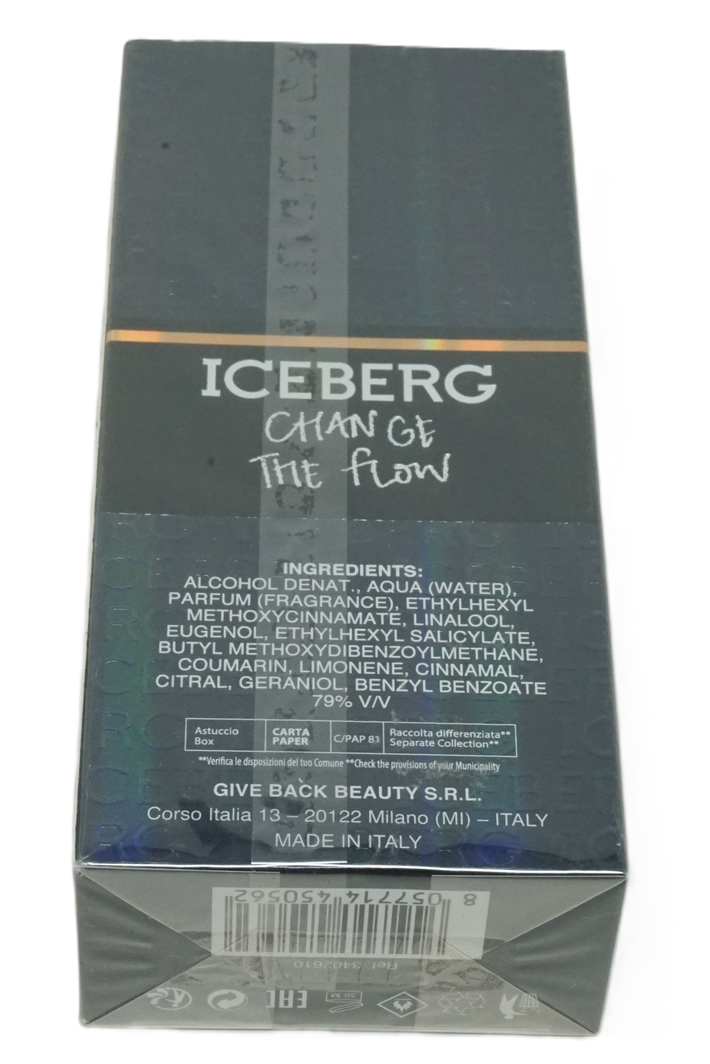 Rückseite der Schachtel ICEBERG Change The Flow. Zutatenliste, Text. Adressinformationen: Made in Italy.