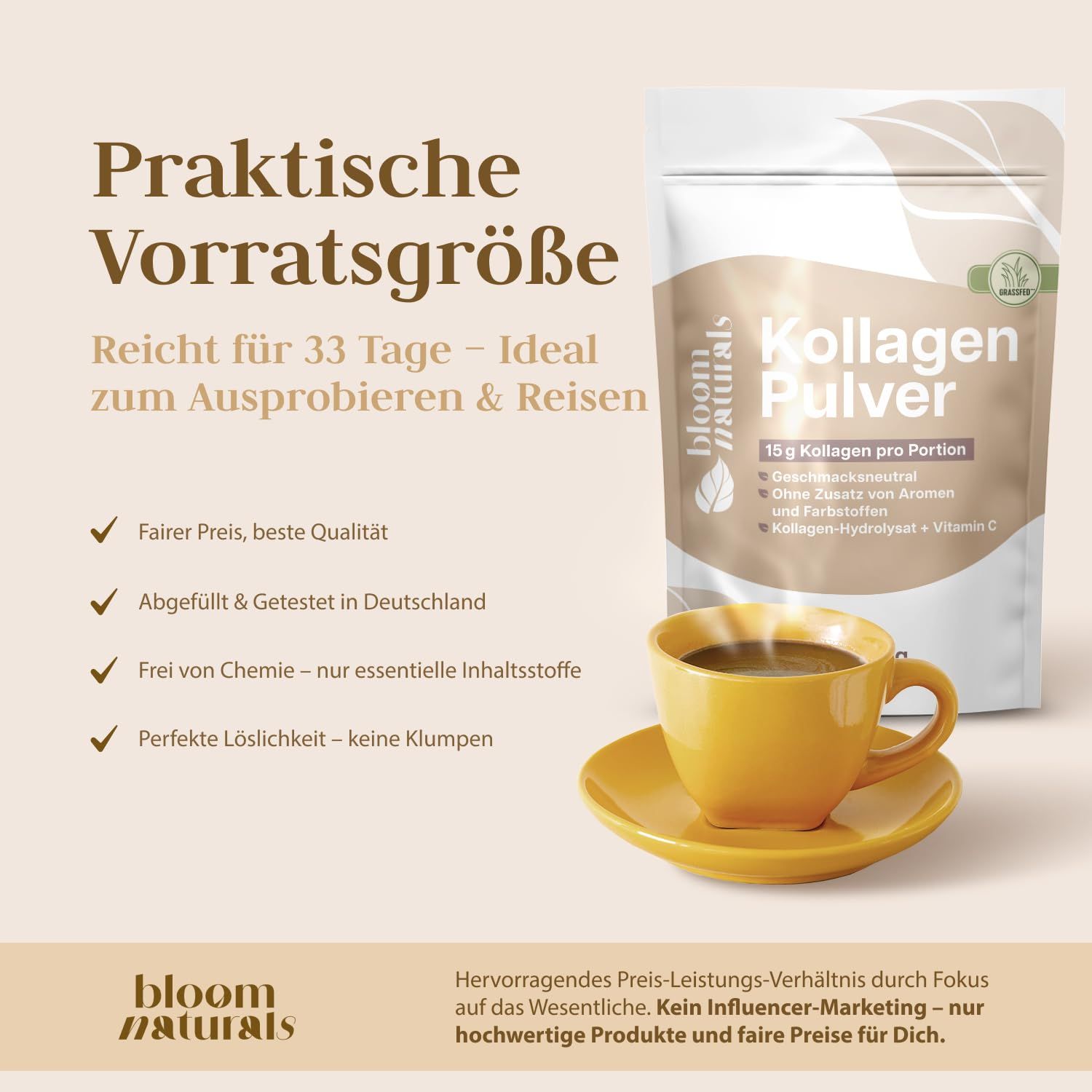 Bloom Naturals Kollagen Pulver neben einer Tasse Kaffee, 500g, "Praktische Vorratsgröße".