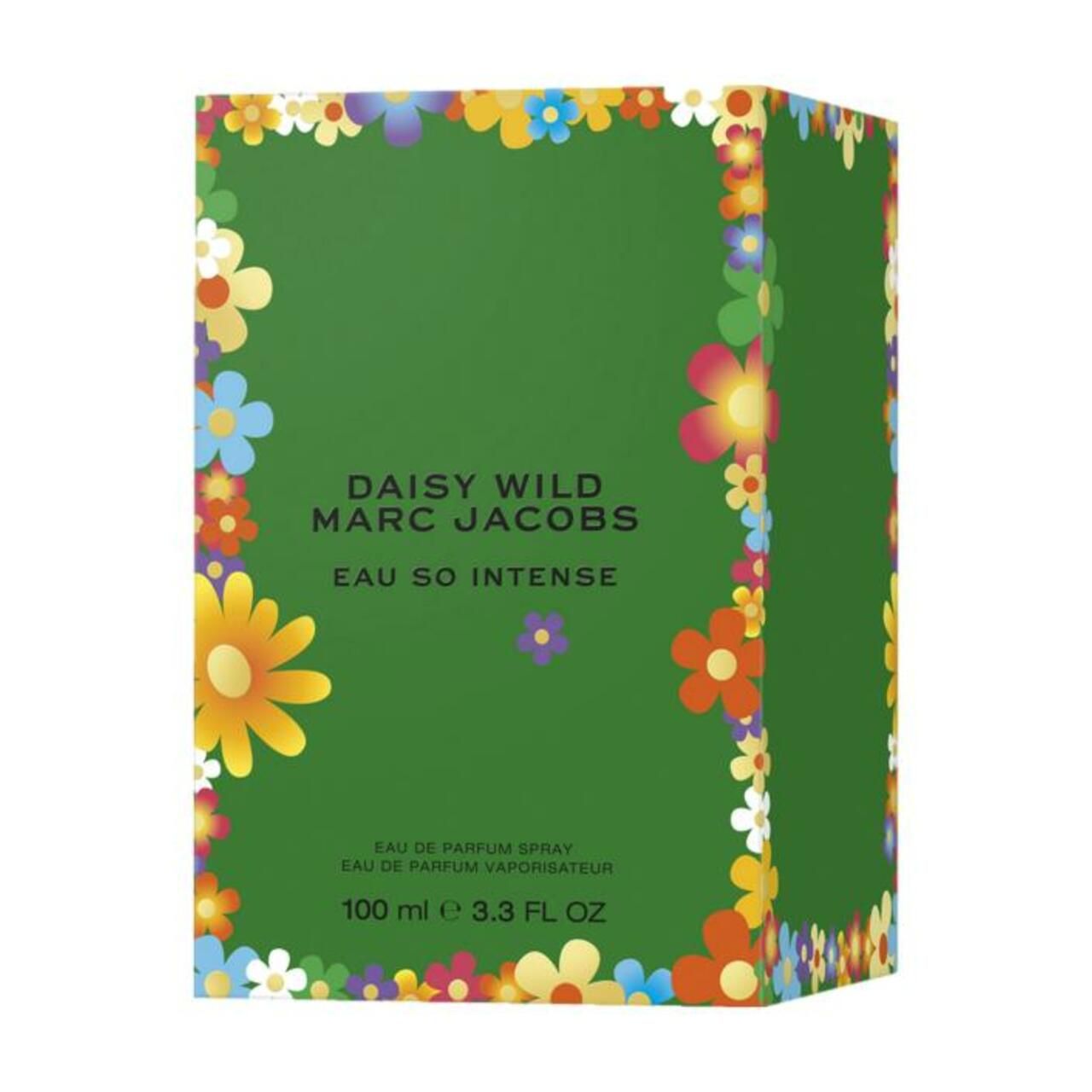 Grüne Schachtel mit Blumenmuster. Aufschrift: Daisy Wild, Marc Jacobs, Eau So Intense.