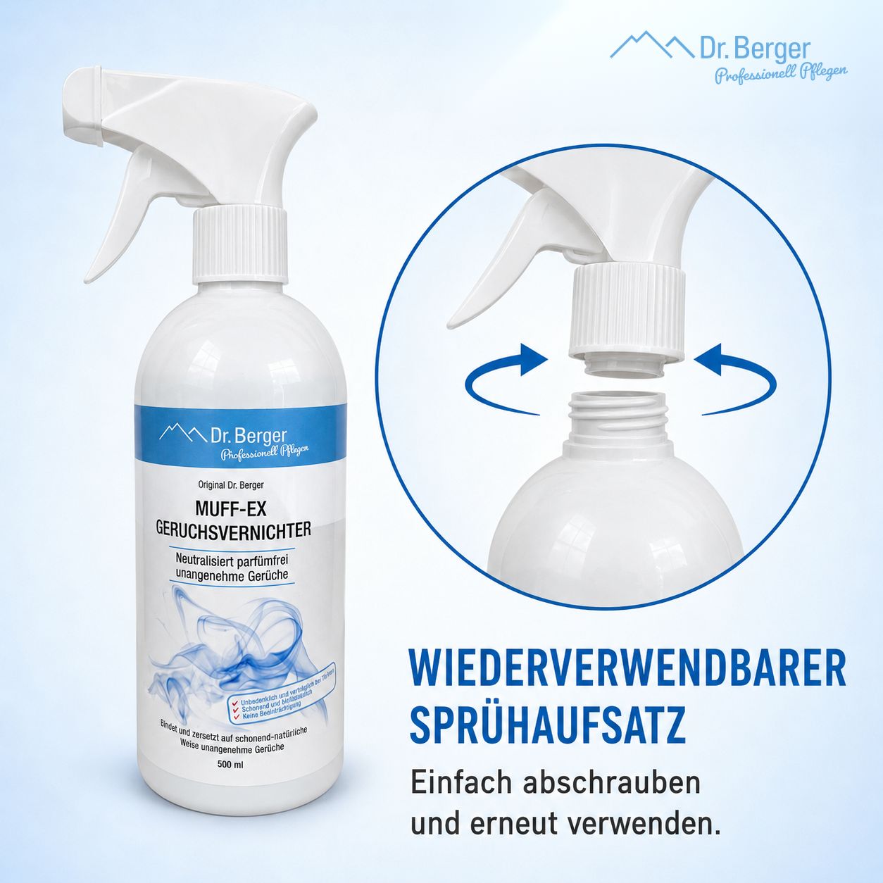 Dr. Berger Muff-Ex Geruchsvernichter Sprühflasche mit wiederverwendbarem Sprühaufsatz.