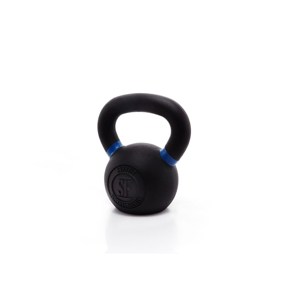 Schwarze Kettlebell aus Gusseisen mit blauem Akzent am Griff. Das Logo ist auf der Vorderseite sichtbar.