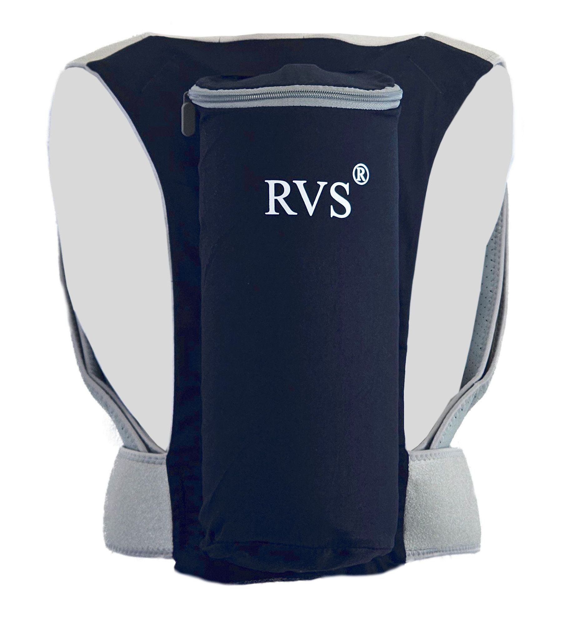 Rückenlageverhinderungs-Rucksack, dunkelblau mit Reißverschluss. Weißer Hintergrund. Aufschrift RVS® auf der Tasche.