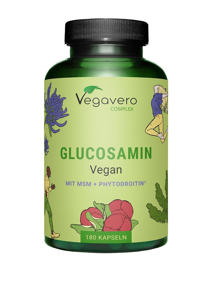 Grüne Flasche mit VEGAVERO Glucosamin Complex. Aufschrift: Glucosamin Vegan, 180 Kapseln. Illustrationen von Pflanzen und Figuren.