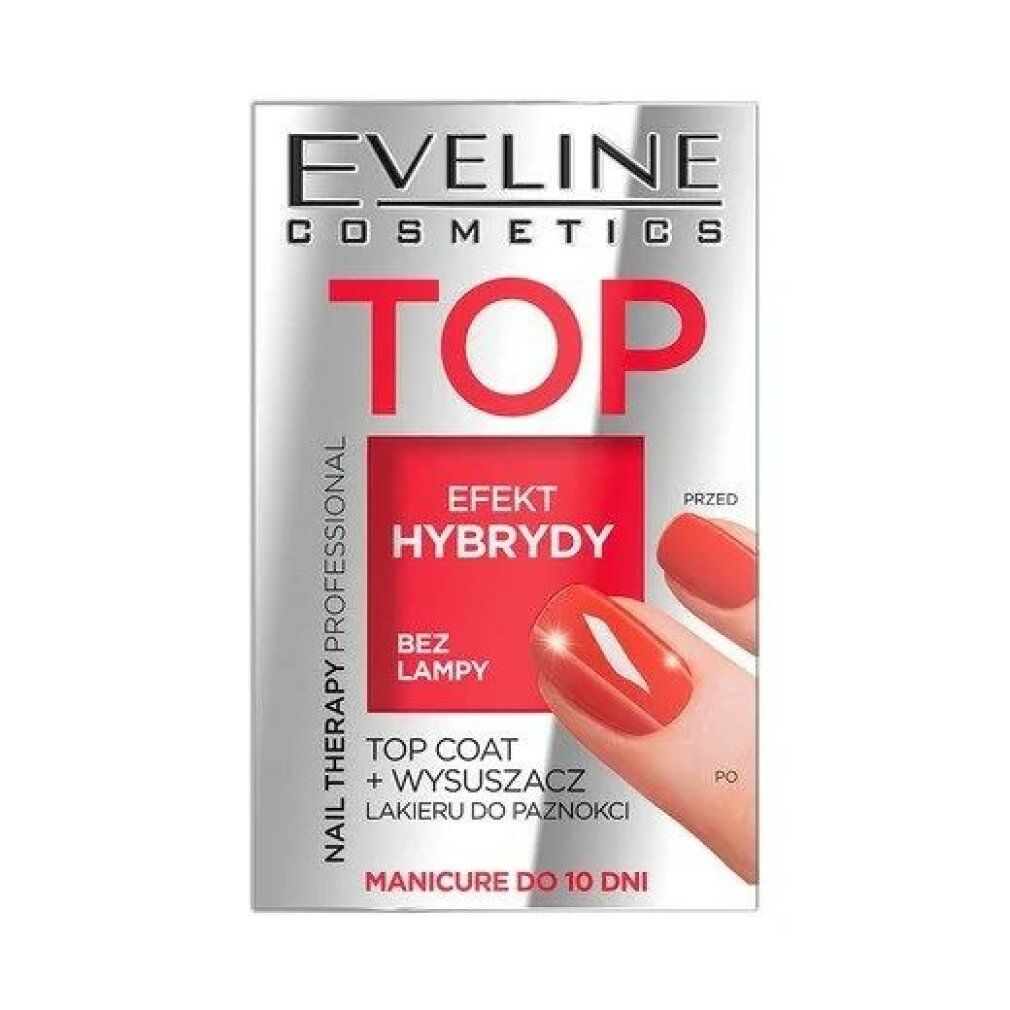 Verpackung mit Nagellack-Trockner. Marke Eveline Cosmetics. Roter Hintergrund mit weißer Schrift. Text: Top, Effekt Hybrydy, Nail Therapy Professional.