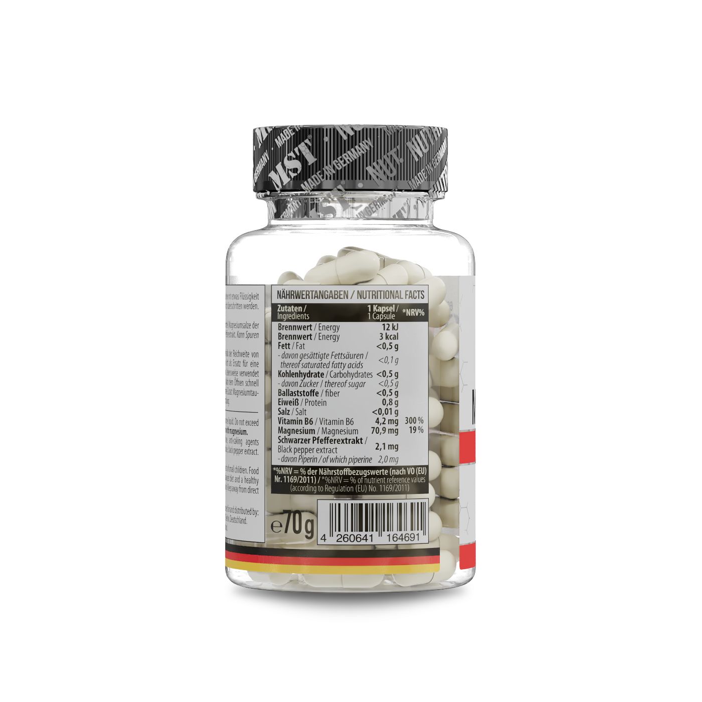 Klare Plastikflasche mit weißen Kapseln. Schwarzer Deckel mit MST-Logo. Etikett mit Nährwertangaben und Inhaltsstoffen.