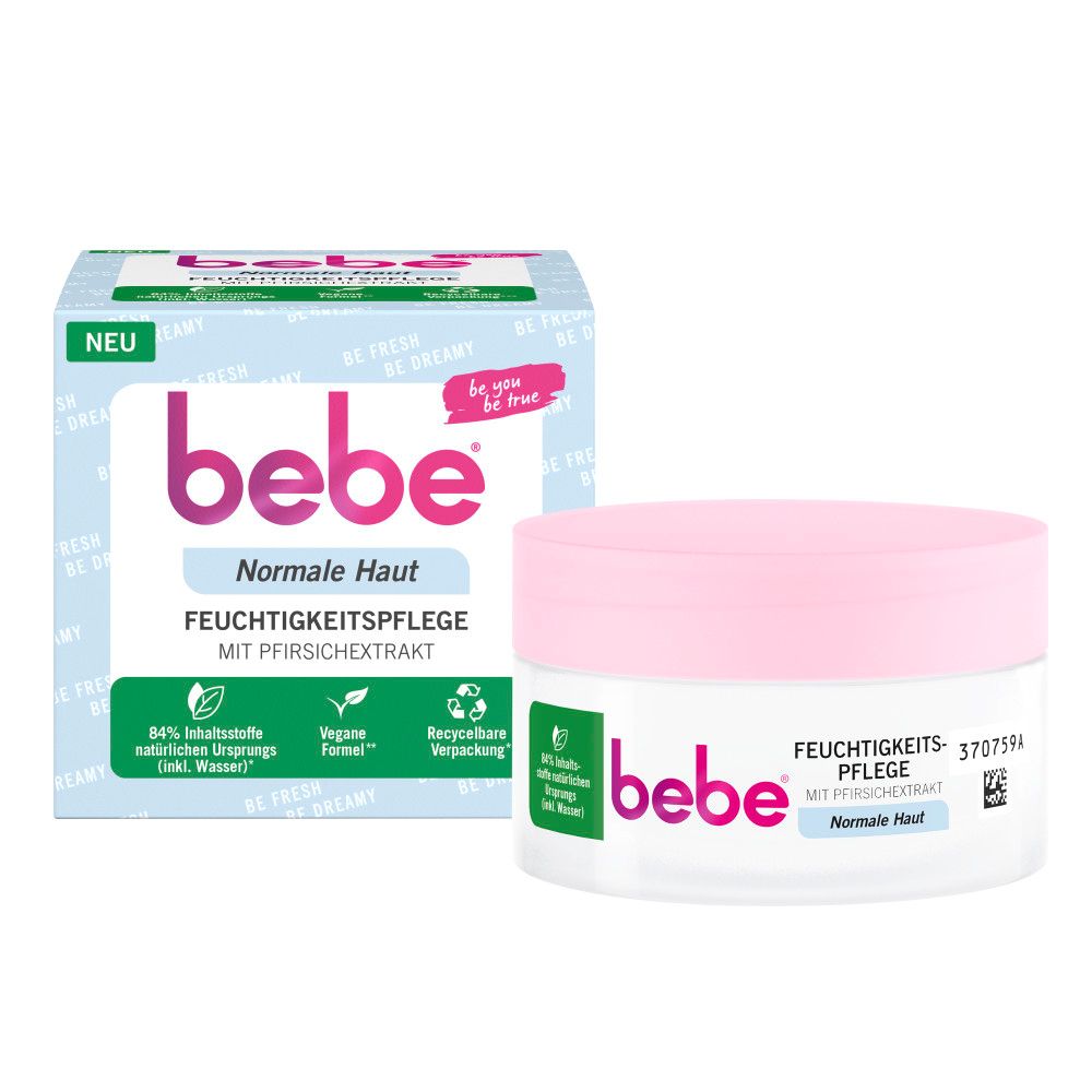 Creme-Tiegel und Verpackung von bebe. Aufschrift: Feuchtigkeitspflege, Normale Haut. Mit Pfirsichextrakt. Verpackung recycelbar.