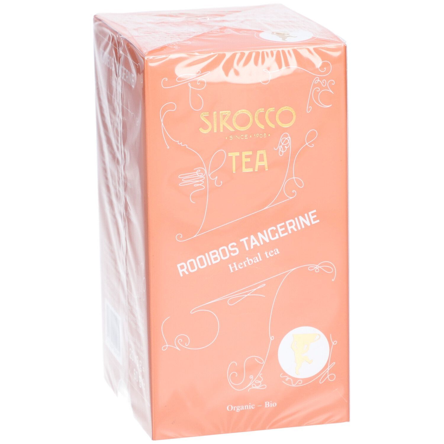 Orangefarbene Verpackung mit Text: Sirocco Tea, Rooibos Tangerine. Bio-Siegel. Kräutertee. Sichtbare Verpackung.