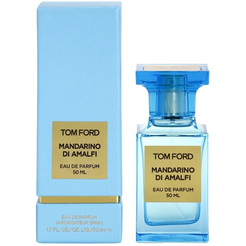 Hellblaues Parfumflakon und Schachtel. Auf Etiketten: Tom Ford Mandarino di Amalfi, Eau de Parfum, 50 ml.