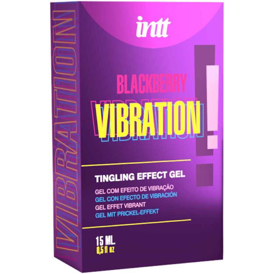 Lila Schachtel mit Aufschrift: intt, Blackberry Vibration, Tingling Effect Gel. Gel mit Vibrationseffekt. 15 ml.