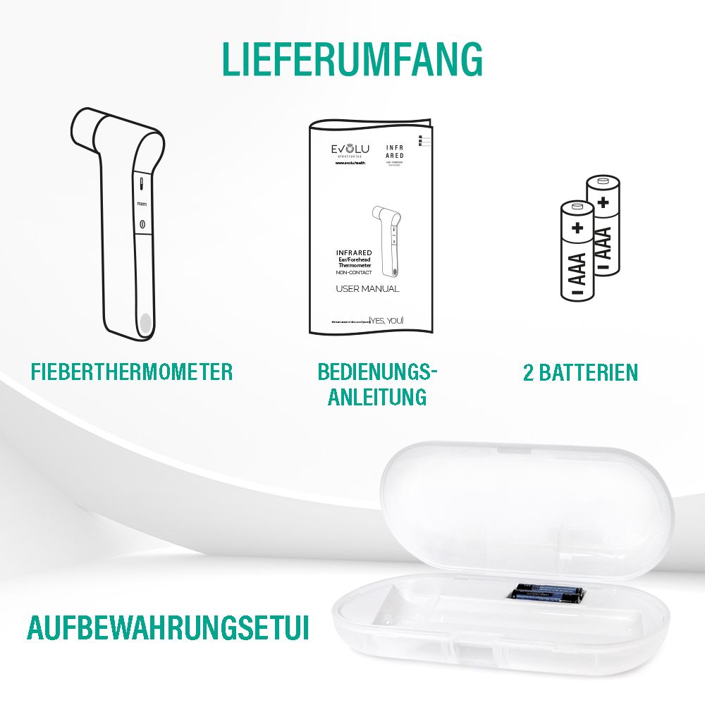 Lieferumfang: Fieberthermometer, Bedienungsanleitung, 2 Batterien, Aufbewahrungssetui.