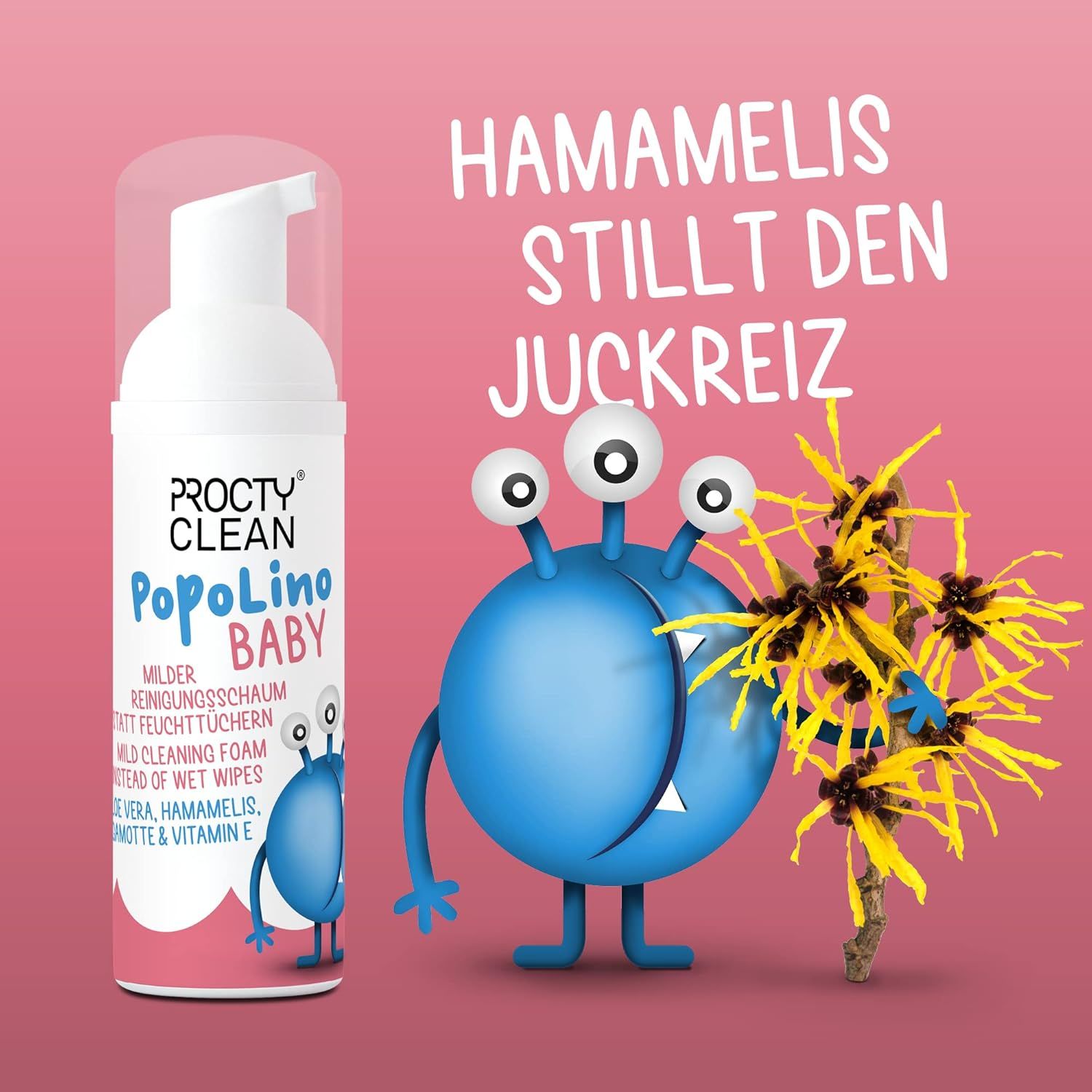 ProctyClean PopoLino Baby. Weiße Flasche mit Pumpkopf. Produktetikett mit Text und Monster-Illustration.