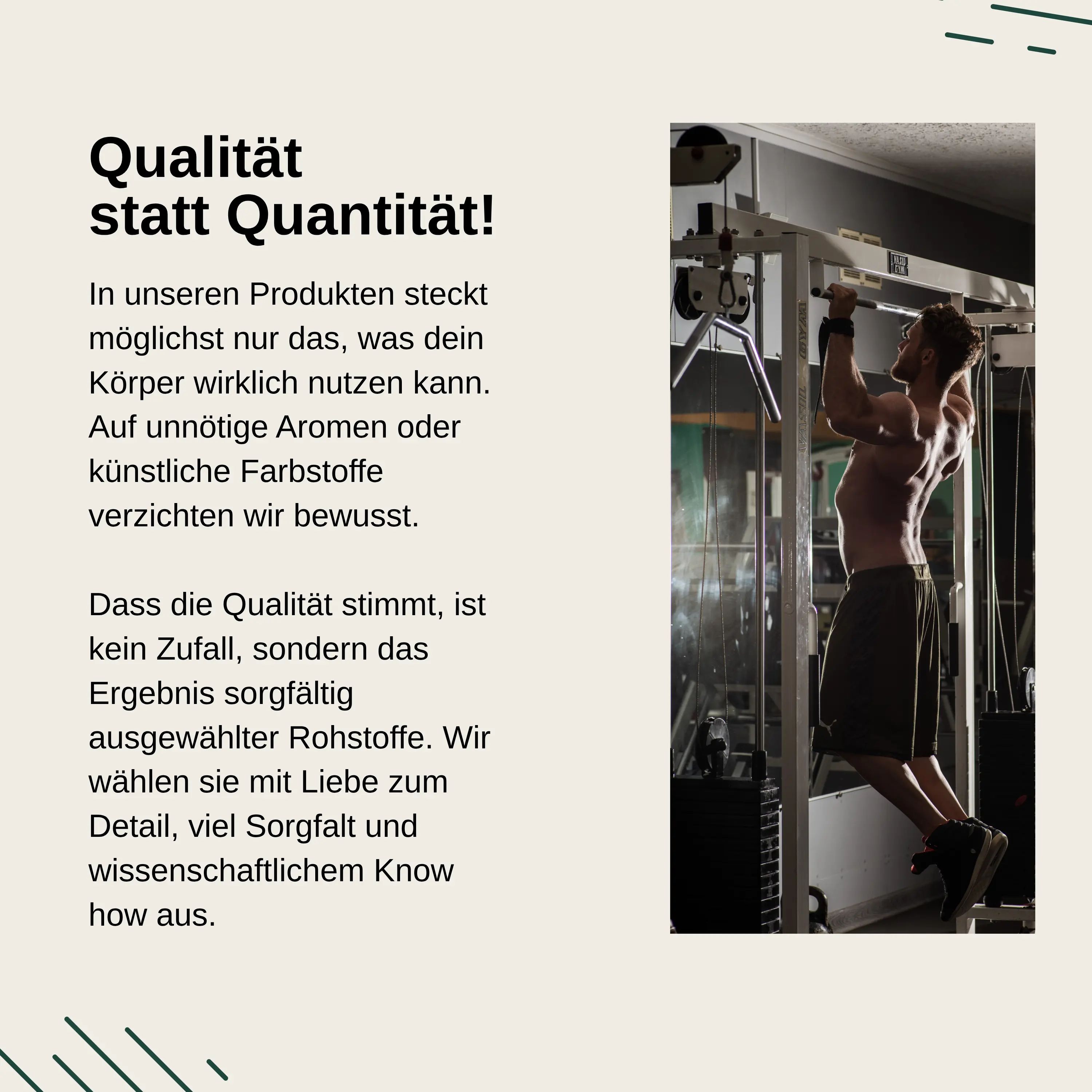 Mann macht Klimmzüge im Fitnessstudio. Vita Elements legt Wert auf Qualität statt Quantität.