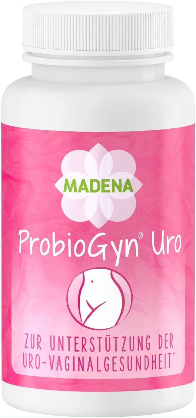 MADENA ProbioGyn Uro Kapseln. Weiße Flasche mit rosa Etikett. Produktname und Logo deutlich sichtbar. Zur Uro-Vaginalgesundheit.