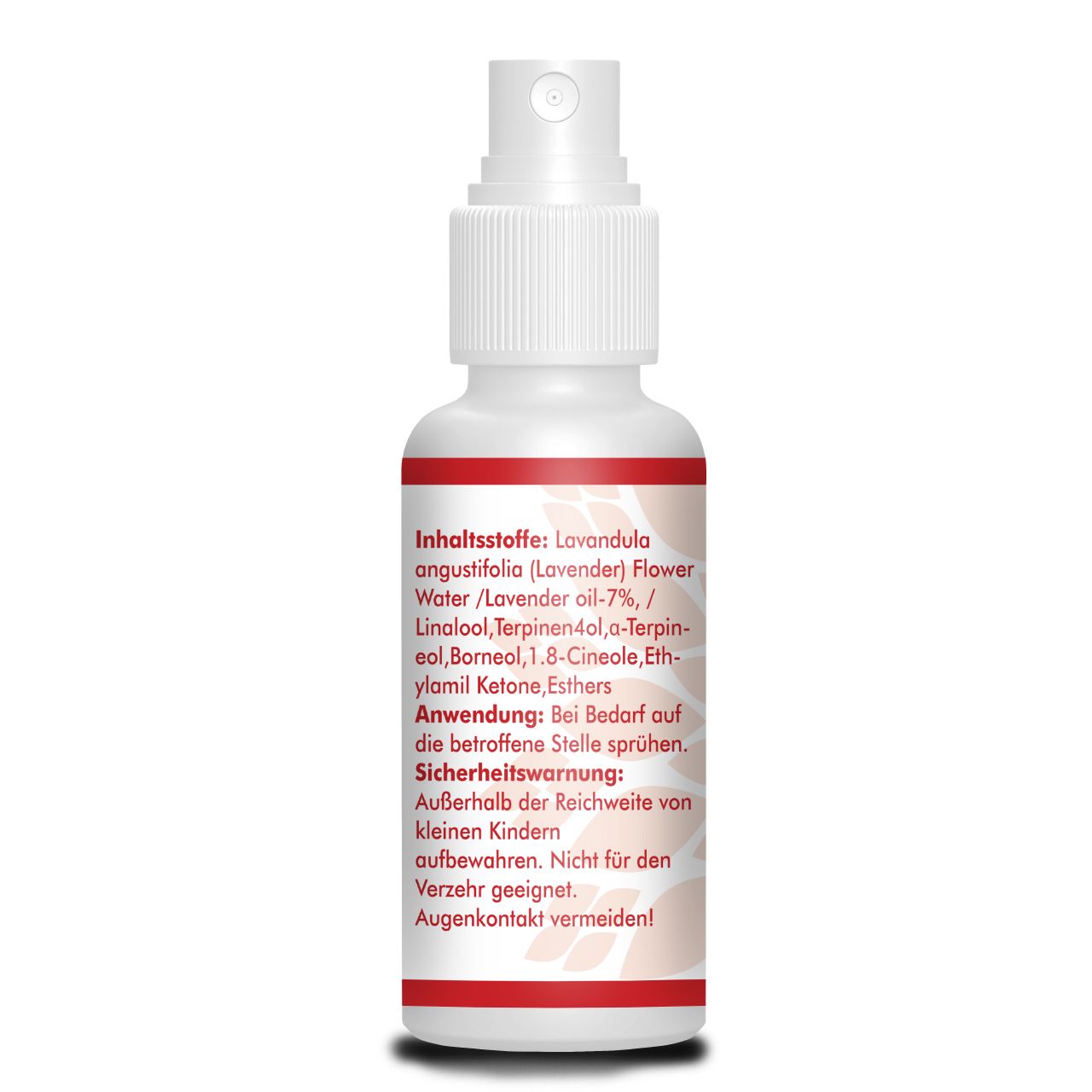 Rückseite der weißen Sprühflasche. Text in deutscher Sprache: Inhaltsstoffe, Anwendung, Sicherheitshinweis. Roter Streifen am oberen und unteren Rand.