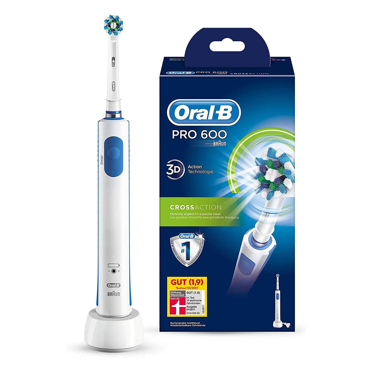 Spazzolino elettrico e confezione. Spazzolino bianco-blu con base di ricarica. Confezione con immagine del prodotto e loghi.