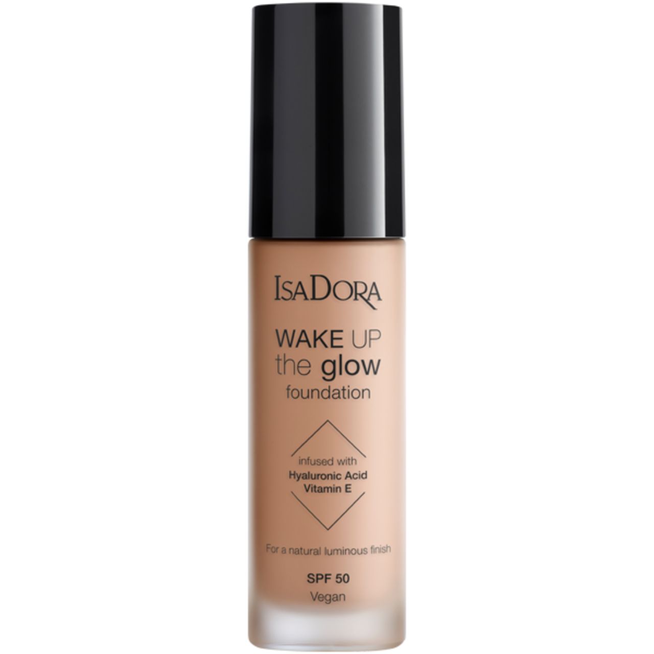 IsaDora Wake Up the Glow Foundation. Flasche mit schwarzem Deckel. Text: SPF 50, Vegan, mit Hyaluronsäure und Vitamin E. Für einen natürlichen, strahlenden Teint.