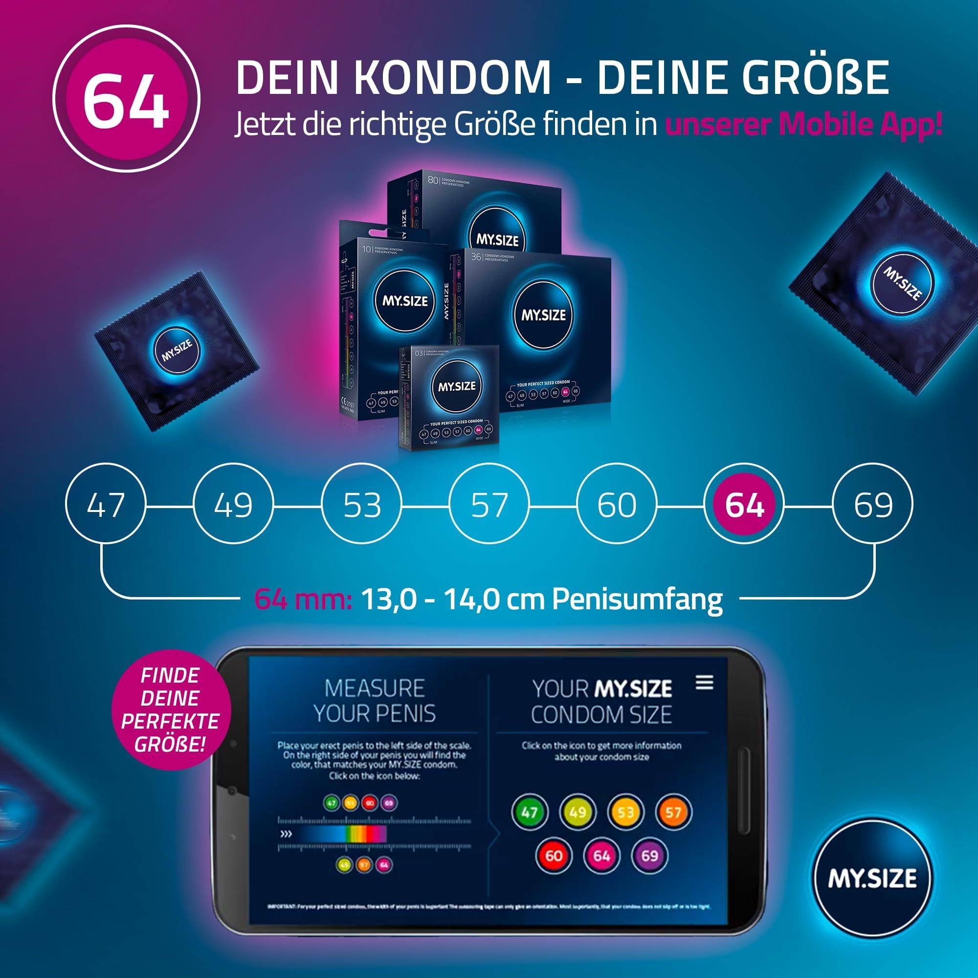 MY.SIZE Kondom-Größenübersicht mit App-Anleitung und Größen 47-69.