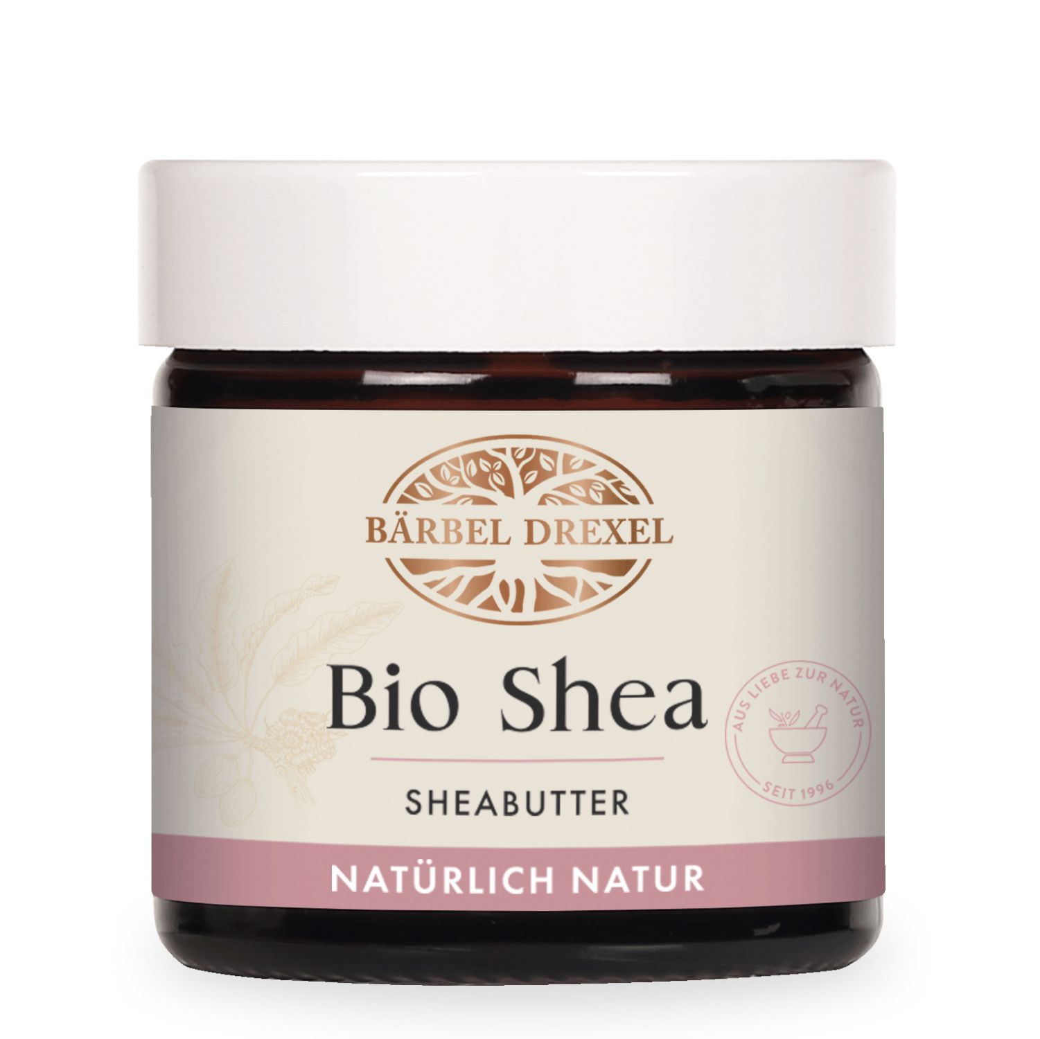 Bärbel Drexel Bio Shea Sheabutter in einem Glasbehälter mit weißem Deckel.