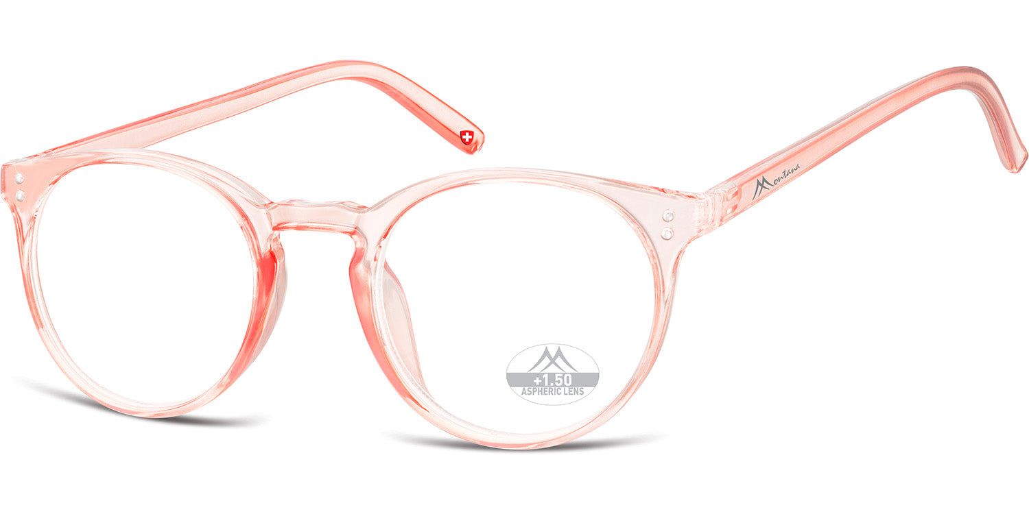 Runde, rosafarbene Brille mit transparentem Rahmen. Auf dem Glas ist ein Aufkleber mit der Aufschrift "+1.50".