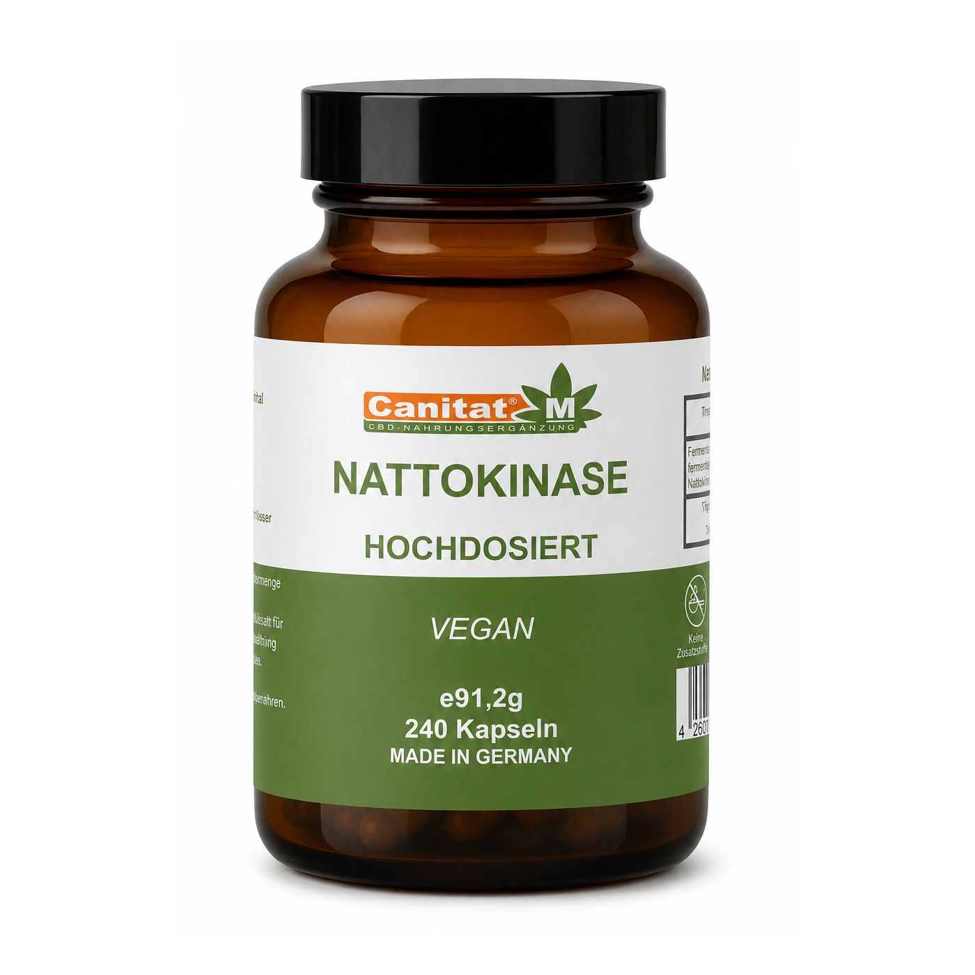 Braune Glasflasche mit schwarzen Deckel. Etikett mit Produktnamen Nattokinase, vegan, 240 Kapseln. Marke Canitat M.
