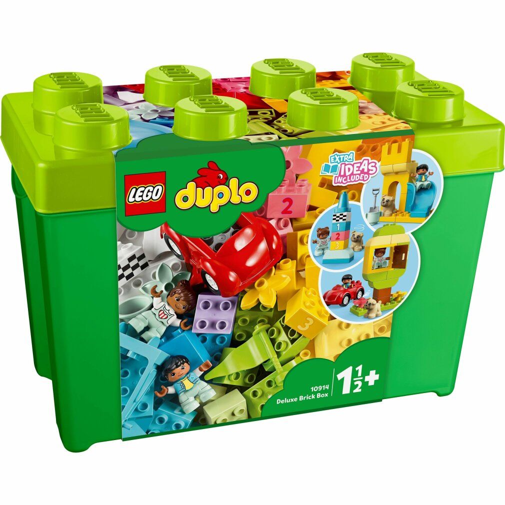 Grüne LEGO DUPLO Deluxe Steinebox mit Deckel. Enthält Steine, Figuren und Zubehör. Auf der Verpackung sind Spielideen abgebildet.