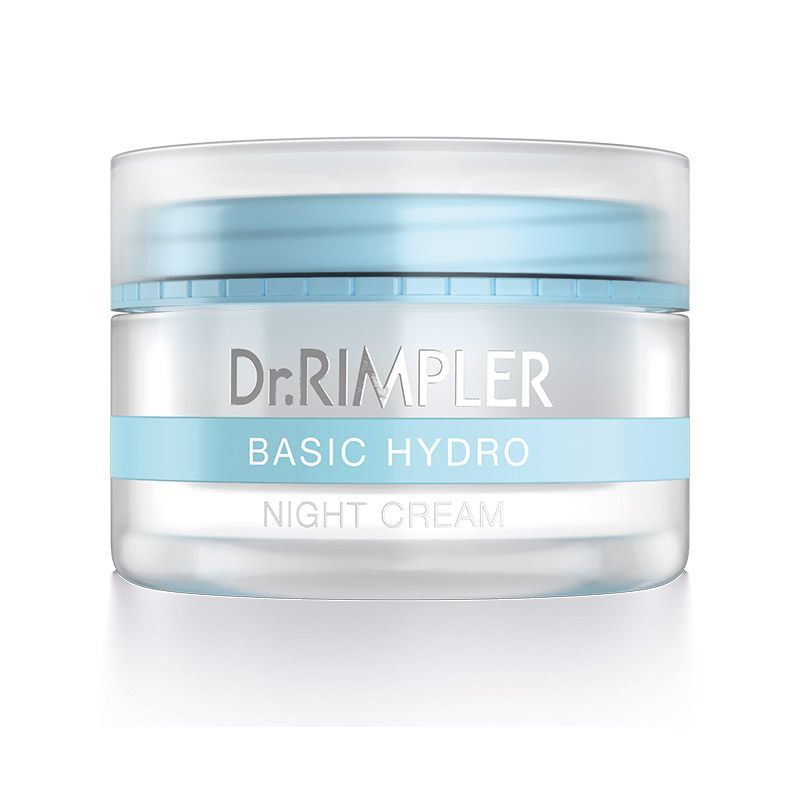 Glas mit blauem Deckel. Aufschrift: Dr. Rimpler Basic Hydro Night Cream.