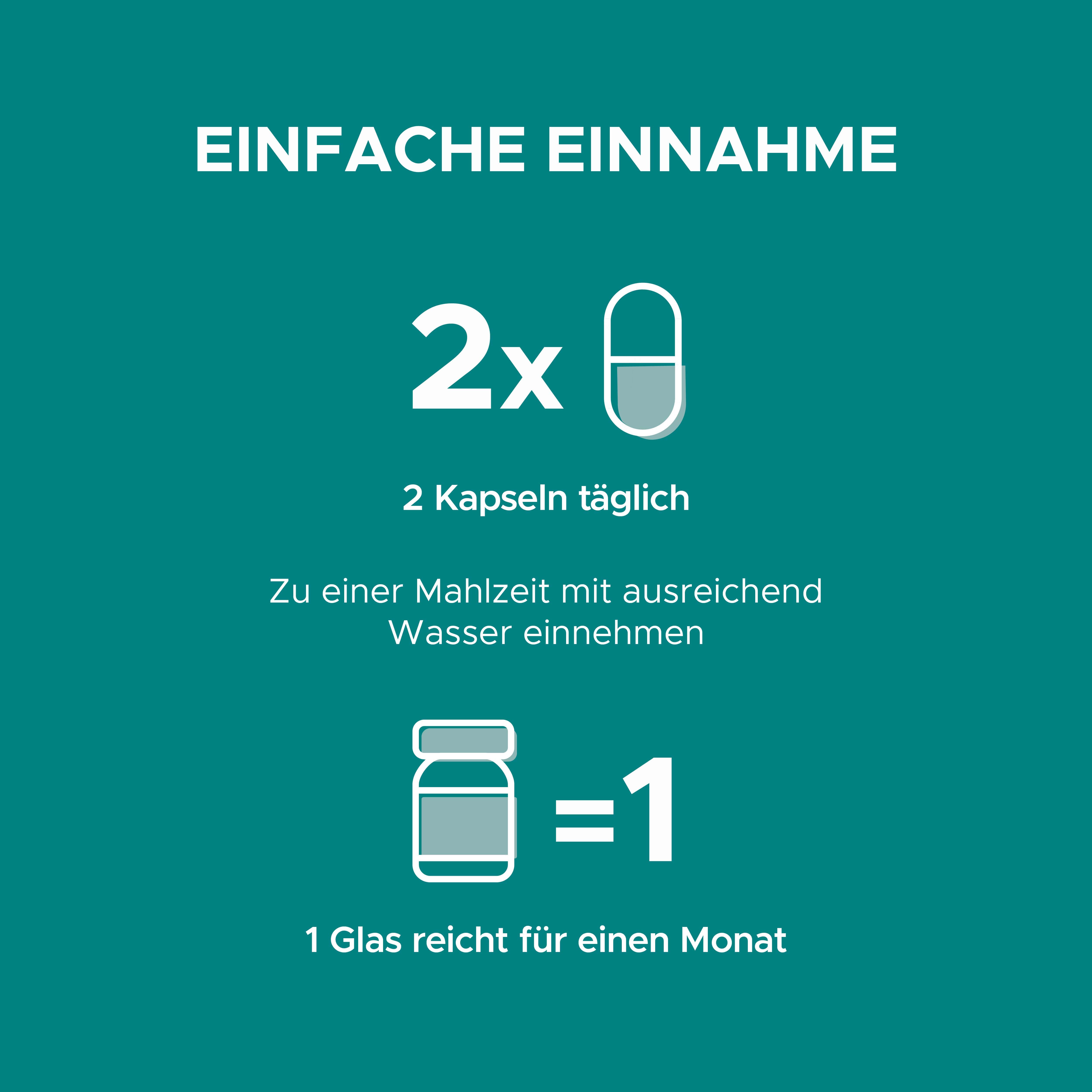 Einfache Einnahme: 2 Kapseln täglich. Einnahme mit Wasser. 1 Glas reicht für einen Monat. Grafische Darstellung.