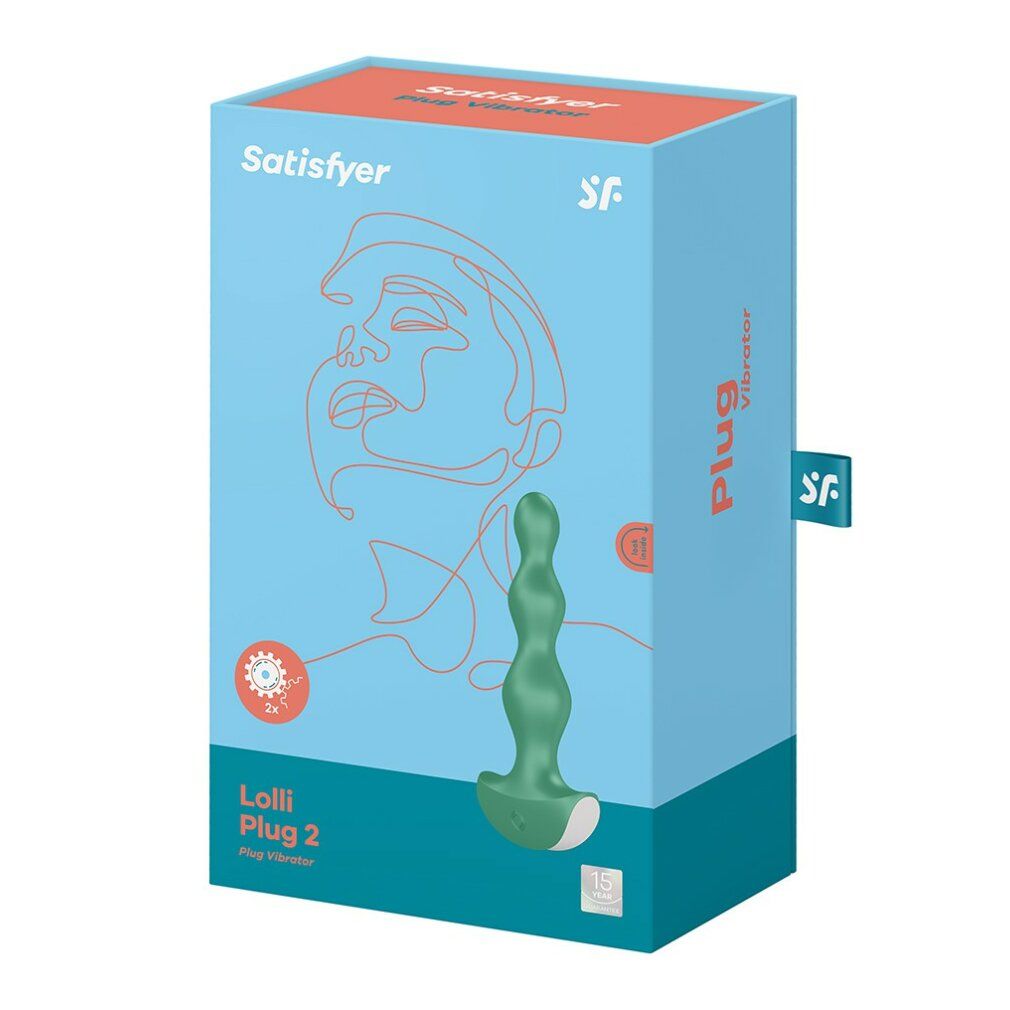 Verpackung mit Analvibrator. Marke: Satisfyer. Produktname: Lolli Plug 2. Abbildung eines Gesichts. Blau, orange und grün.