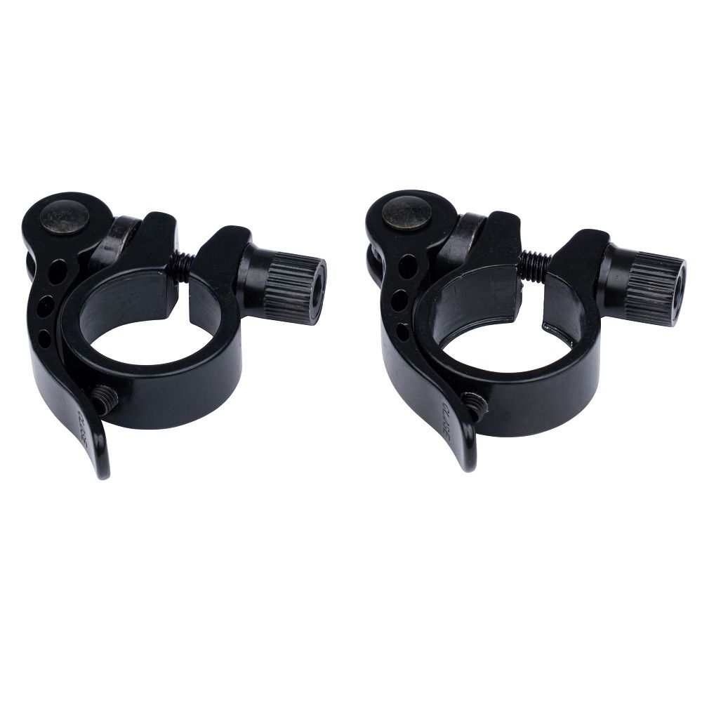 Zwei schwarze Schnellspannverschlüsse. Jeder hat einen Hebel, eine runde Halterung und eine Schraube.