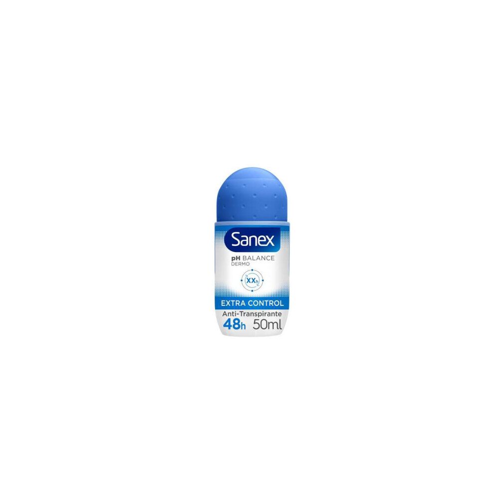 Sanex pH Balance Dermo Extra Control Roll-On. Blaue Kappe, weißer Behälter. Text: Extra Control, 48h, 50ml.