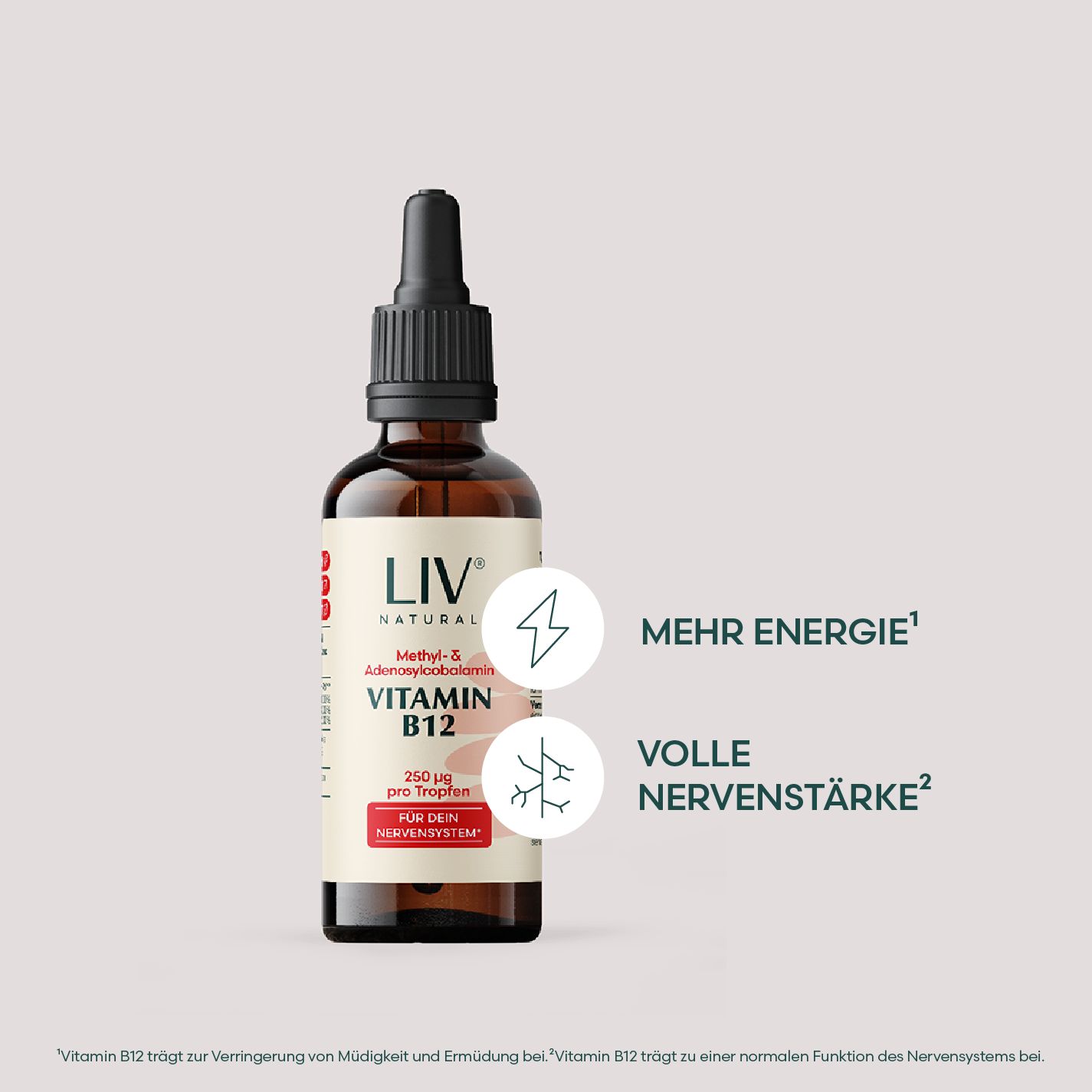 Braune Glasflasche mit schwarzem Deckel und Pipette. Aufschrift: LIV Vitamin B12. Illustrationen: Energie und Nervenstärke.