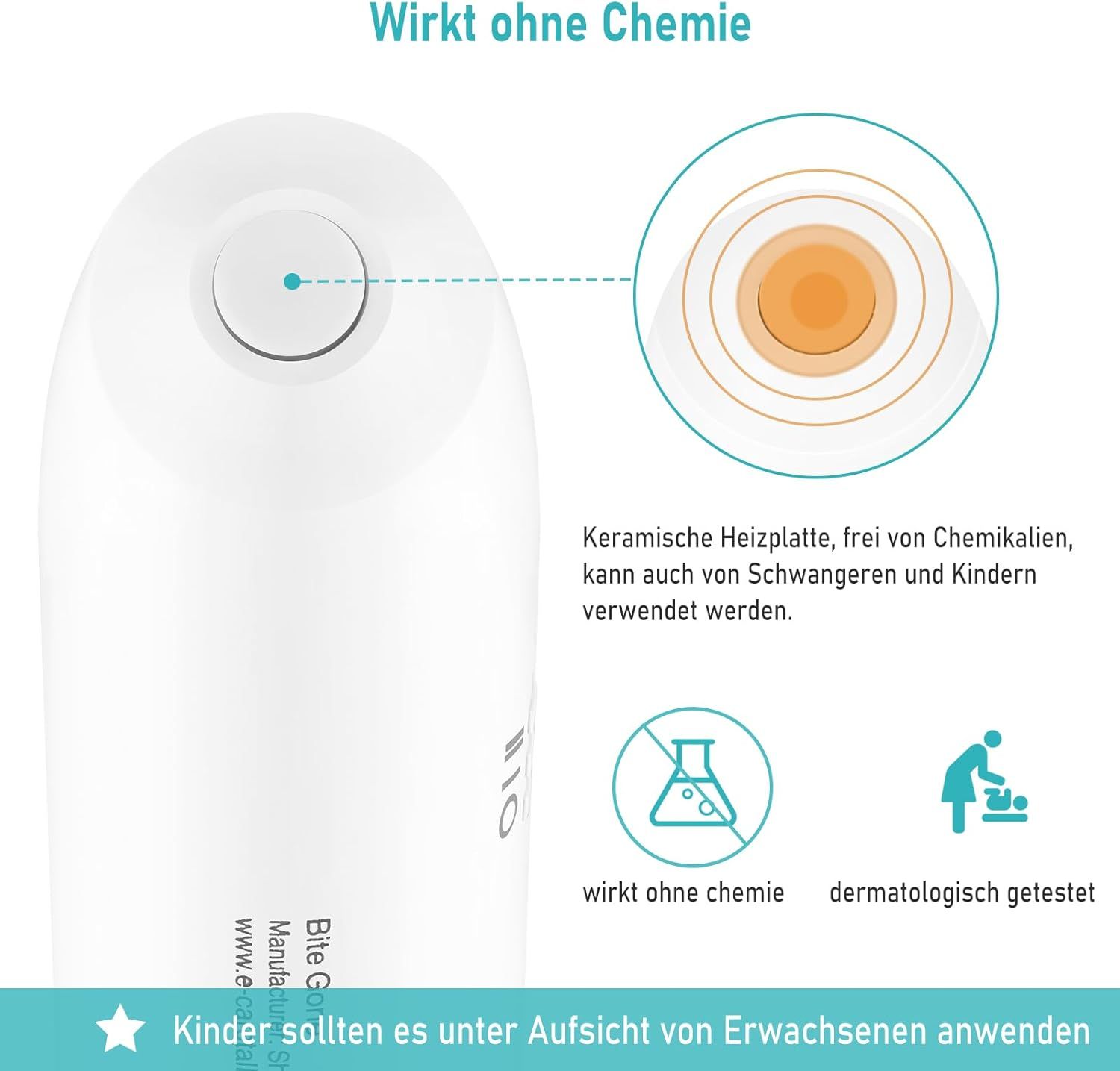 LeaderPro Insektenstichheiler. Weiß, mit keramischer Heizplatte. Text: Wirkt ohne Chemie, dermatologisch getestet. Illustrationen.