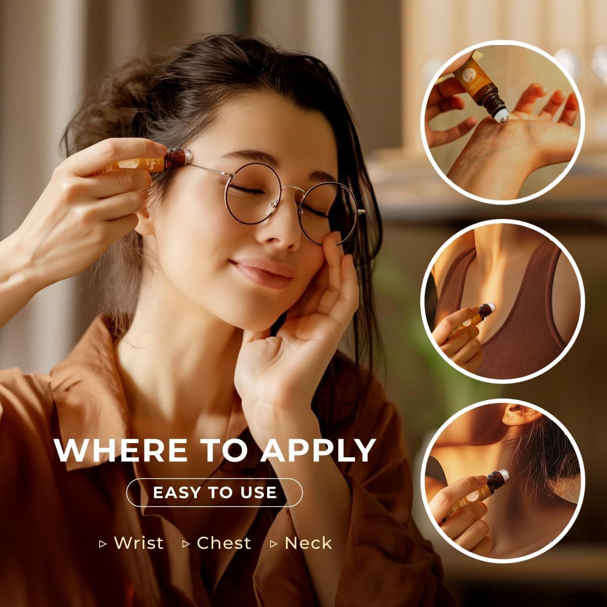 Braune Glasflasche mit Roll-on-Applikator. Frau mit Brille. Drei Kreise zeigen Anwendung: Handgelenk, Brust, Nacken. Text: Where to Apply.