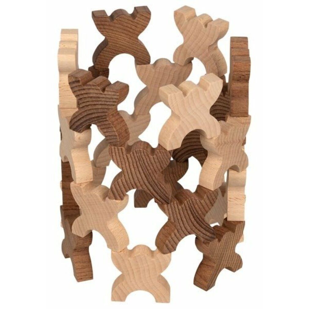 Holzfiguren, hell und dunkelbraun, zu einem Zylinder zusammengesetzt. X-förmige Figuren, für ein Balance-Spiel.