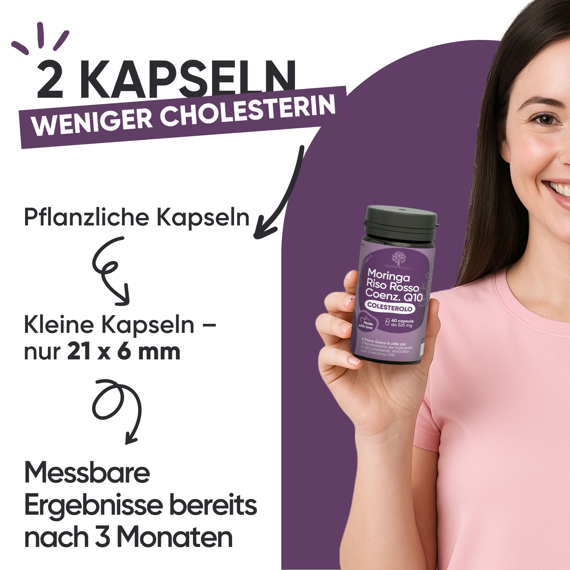 Frau hält Flasche mit Kapseln. Kleine Kapseln (21x6mm) für Cholesterinmanagement.