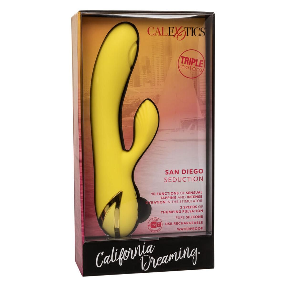 Gelber Vibrator in einer Verpackung. Auf der Verpackung steht 'San Diego Seduction' und 'California Dreaming'.