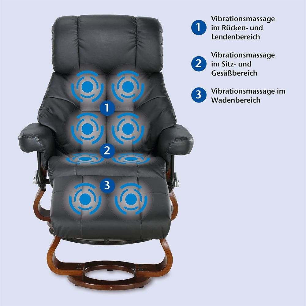 Relax-Sessel mit Hocker, schwarz. Blaue Kreise markieren Vibrationsmassage-Zonen: Rücken, Gesäß, Waden.