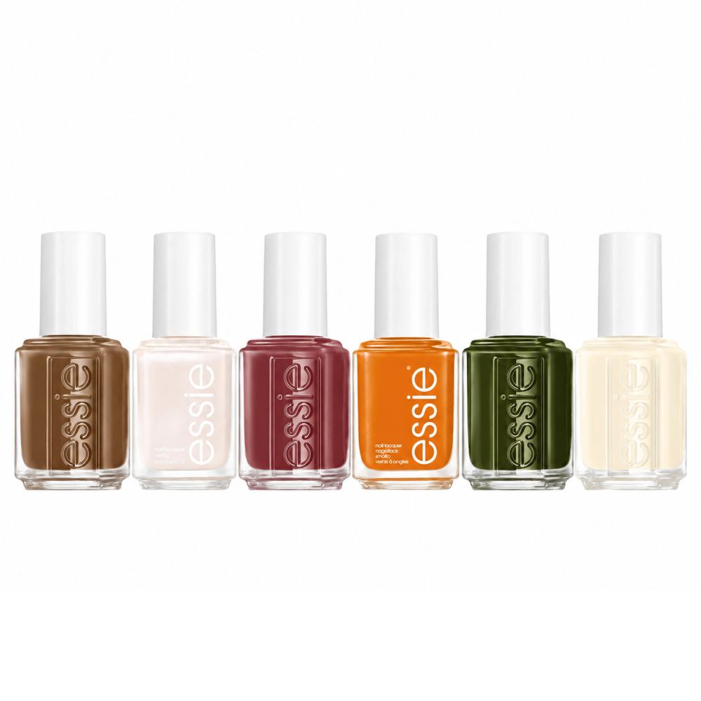 Sechs Essie Nagellackflaschen in verschiedenen Farben: Braun, Beige, Weinrot, Orange, Dunkelgrün und Elfenbein.