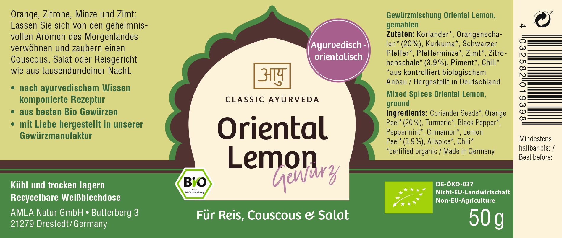 Detailansicht des Etiketts von "Classic Ayurveda - Oriental Lemon Gewürz". Text, Logo, Bio-Siegel und Zutatenliste.