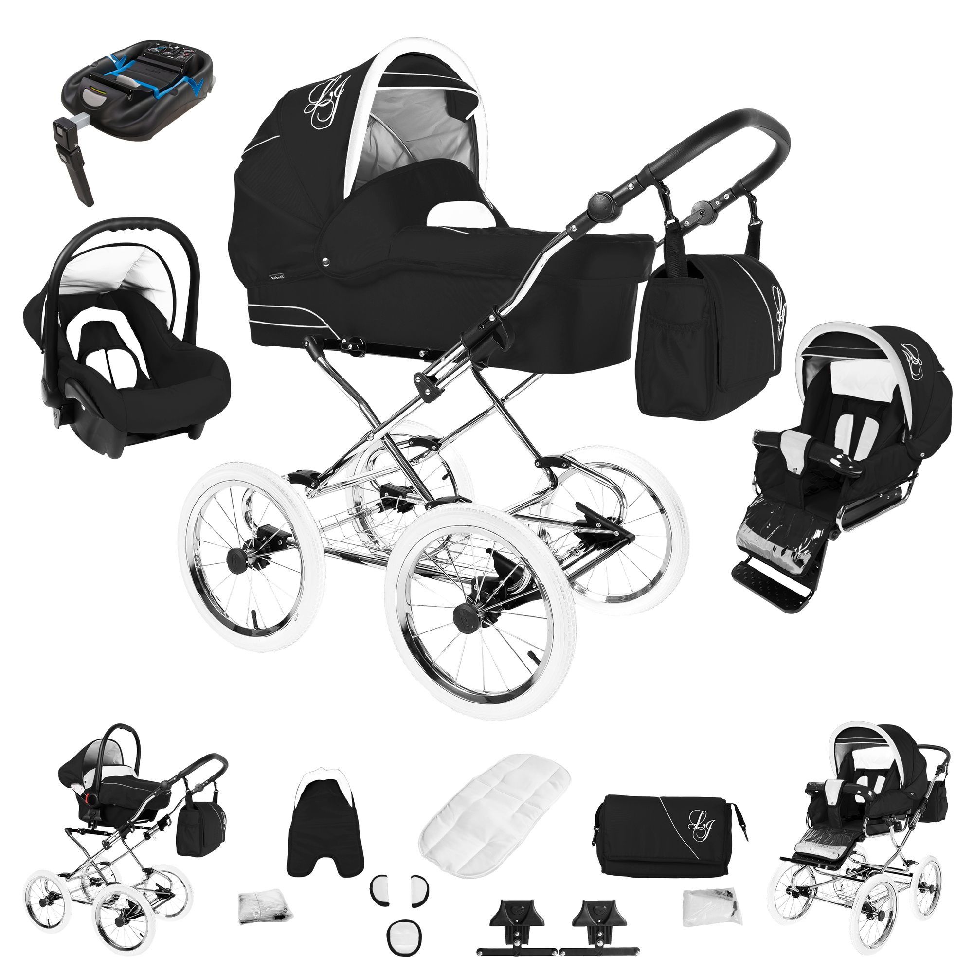 Bebebi Loving 4 in 1 Kinderwagen Komplettset ISOFIX Basis Nostalgie Kinderwagen, Black Tender